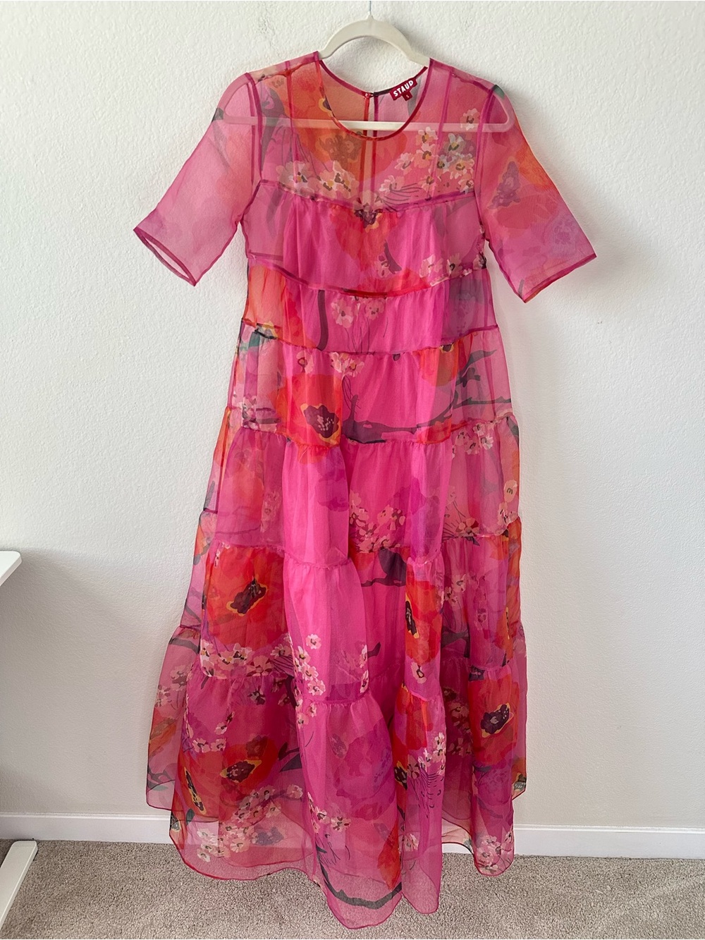 STAUD Hyacinth Tiered Floral Organza Pink Dress SZ S - Picture 2 of 8